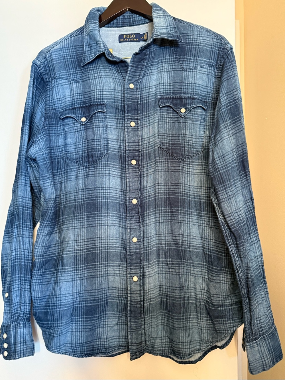 Polo Ralph Lauren Western Shirt Mens Large Blue Plaid Pearl Snap Classic Fit